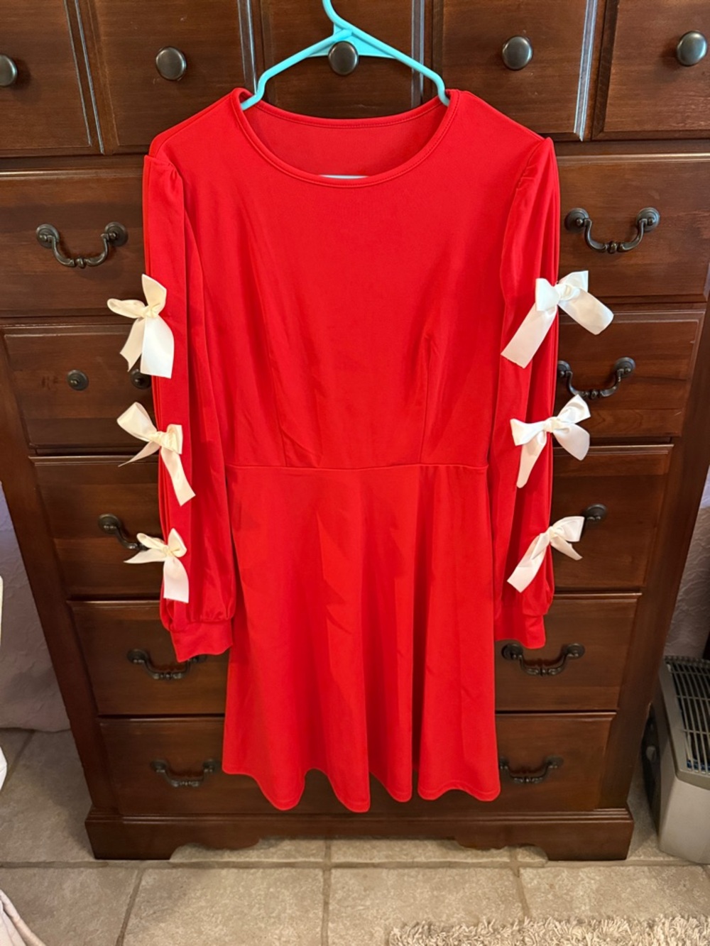 Red Bow-Sleeve Fit & Flare Dress